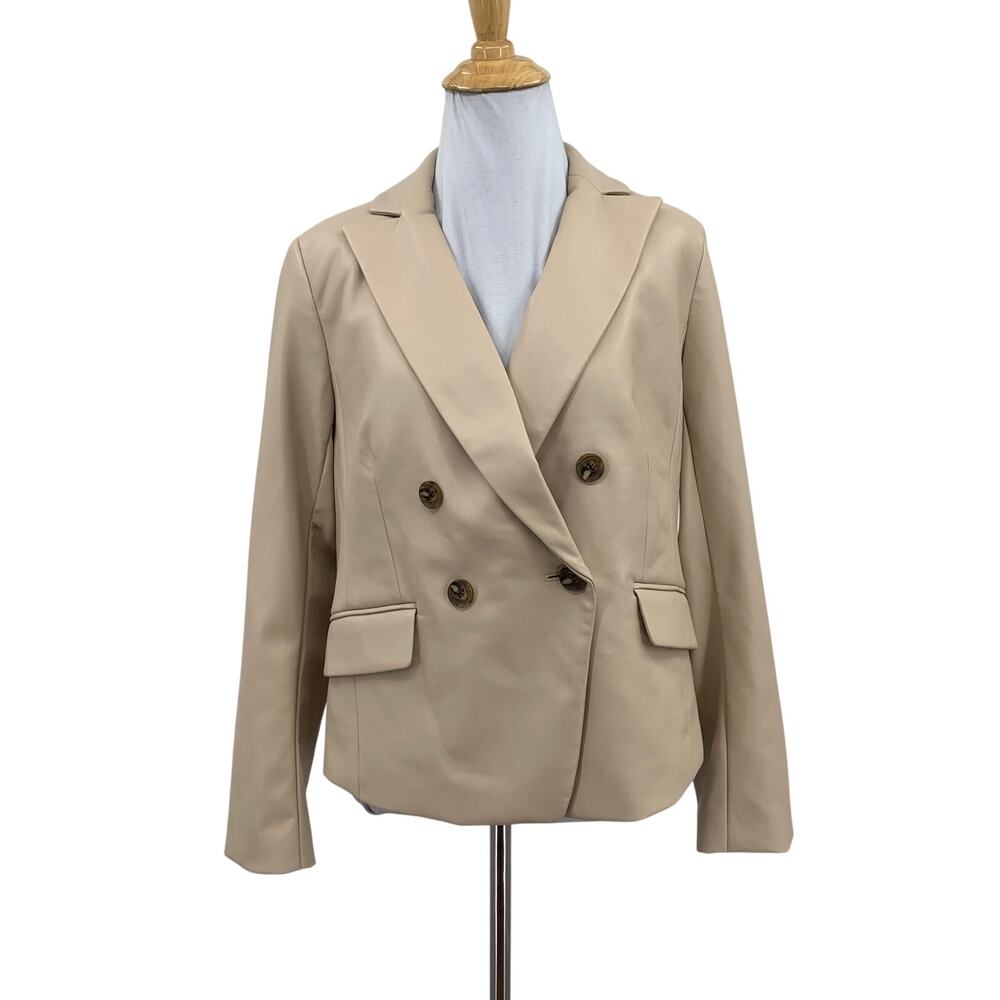 Talbots Blazer Womens 8P Petite Tan Double Breasted Faux Leather Flap Pockets